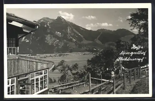 AK Grassau, Café und Alpen-Gasthof Strehtrumpf, Berge, Talblick