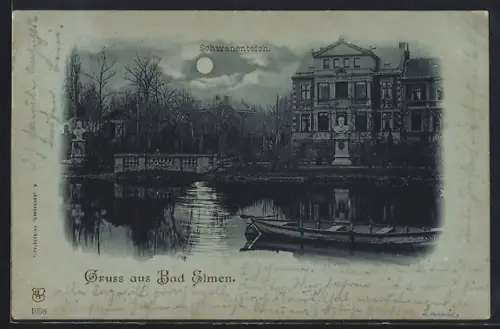 Mondschein-AK Bad Elmen, Schwanenteich, Villa, Büste