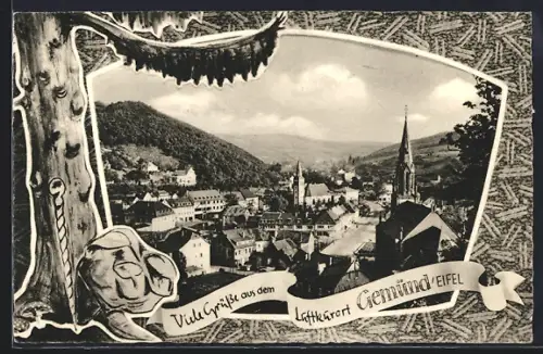 AK Gemünd /Eifel, Ortsansicht, Kirche, Berge