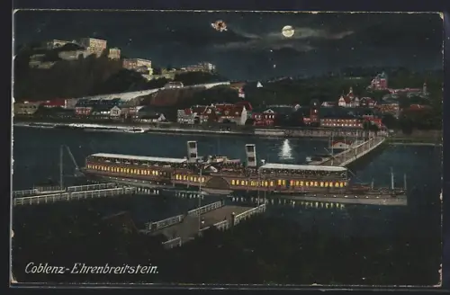Mondschein-AK Coblenz-Ehrenbreitstein, Rheinpartie mit Festung und Schiffsanleger bei Nacht