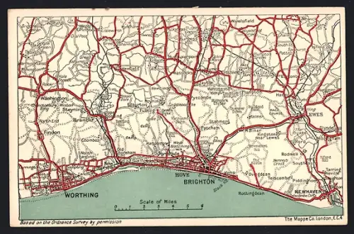 Künstler-AK Worthing, Map of the area with Brighton, Pyecombe and Lewes