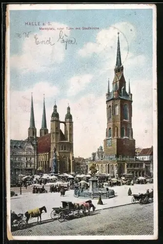 AK Halle a. S., Marktplatz, roter Turm, Stadtkirche