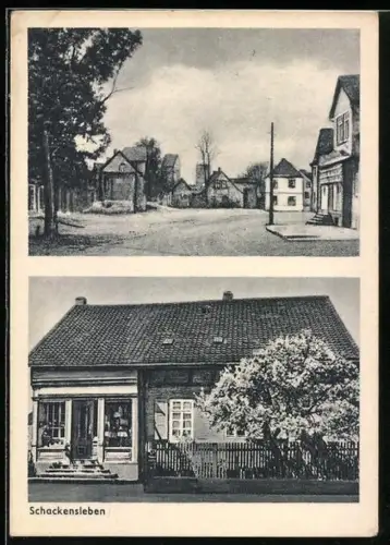 AK Schackensleben, Ortsansicht und Geschäft