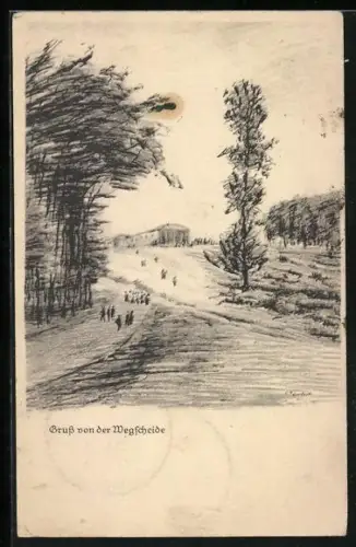Künstler-AK Wegscheide / Bad Orb, Strasse zum Ort mit Spaziergängern