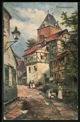 Künstler-AK Blankenheim / Eifel, Fachwerkhäuser und Turm