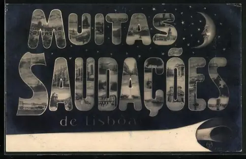 AK Lisboa, Strassenpartie, Gebäude, Schriftzug-Rahmen mit Mond