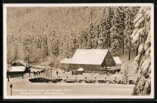 AK Rehefeld, Fremdenhof Zwergbaude Seyde im Winter