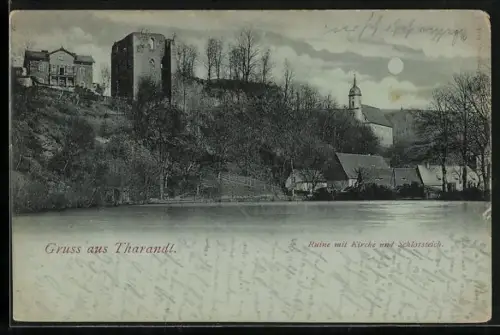 Mondschein-AK Tharandt, Ruine, Kirche, Schlossteich