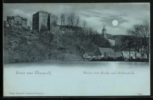 Mondschein-AK Tharandt, Ruine, Kirche, Schlossblick