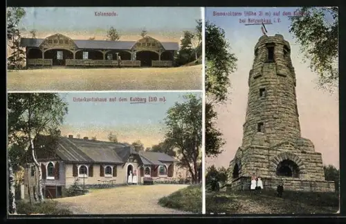 AK Netzschkau i. V., Bismarckturm, Kolonnade, Unterkunftshaus auf dem Kuhberg