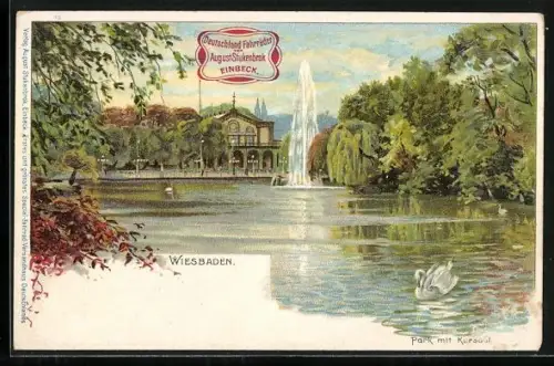 Lithographie Wiesbaden, Park mit Kurhaus und Springbrunnen