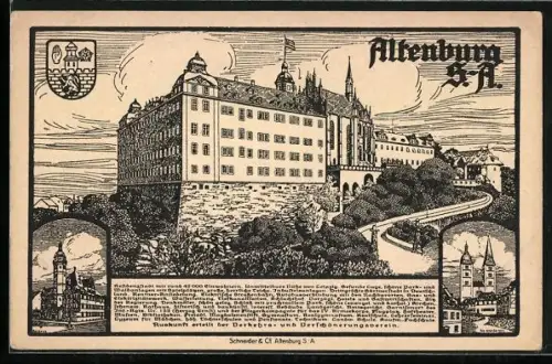 Künstler-AK Altenburg S.-A., Schloss, Stadtturm, Stadtansicht, Wappen