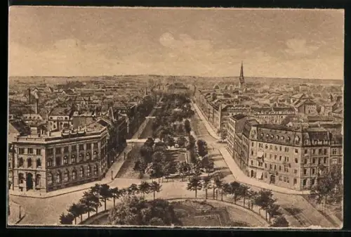 Künstler-AK Mainz, Kaiserstrasse, Stadtansicht, Strassenzug, Kirche