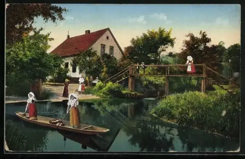 AK Lübben /Spreewald, Kanno-Mühle, Spreewald, Trachten, Holzbrücke, Fluss