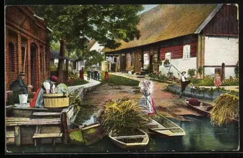 AK Leipe /Spreewald, Dorfweg, Bauernhäuser, Kähne, Tracht