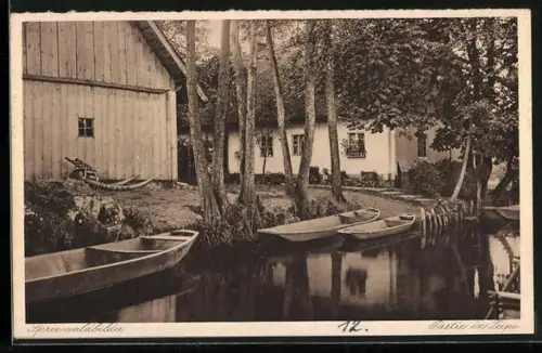 AK Leipe /Spreewald, Boote, Häuser, Wasserlauf