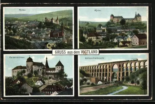 AK Mylau, Stadtansicht, Schloss, Göltzschtalbrücke, Kaiserschloss