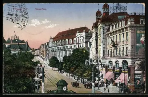 AK Plauen i. V., Postplatz, Strassenszene, Geschäfte