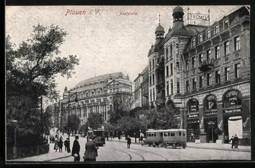 AK Plauen i. V., Postplatz, Strassenbahn, Geschäftshäuser