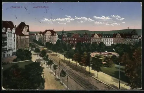AK Plauen i. V., Dittrichplatz, Strasse, Parkanlage
