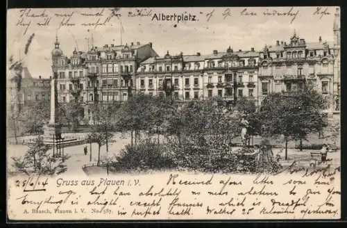 AK Plauen i. V., Albertplatz, Wohnhäuser, Parkanlage