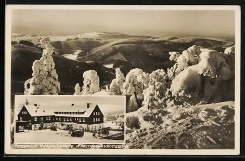 AK Klingenthal /Aschberggebirge, Berggasthof Waldgut Aschberg, Winterlandschaft