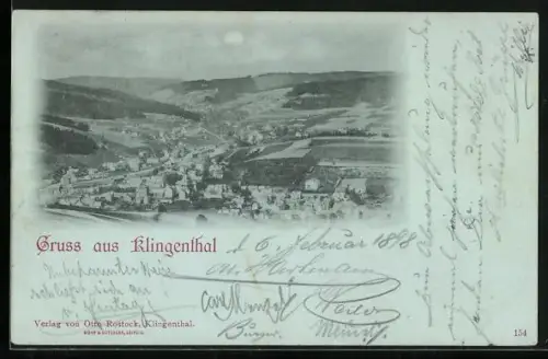 Mondschein-AK Klingenthal, Panoramaansicht des Ortes und Umgebung