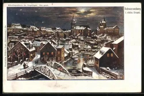 Künstler-AK Schwarzenberg i. sächs. Erzgeb., Winterliche Stadtansicht, Kirche, Schloss