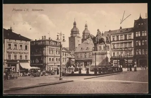 AK Plauen / Vogtland, Altmarkt, Reiterdenkmal, Kirche, Einsiedler Brauerei