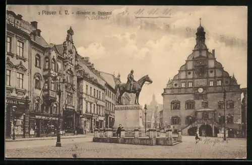 AK Plauen i. V., Altmarkt, Denkmal, Rathaus