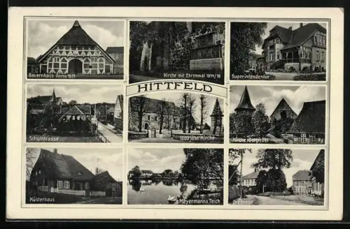AK Hittfeld, Bauernhaus Anno 1651, 1000jährige Kirche, Meyermanns Teich