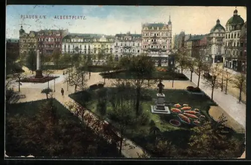 AK Plauen i. V., Albertplatz, Parkanlage, Denkmäler, Blumenbeete