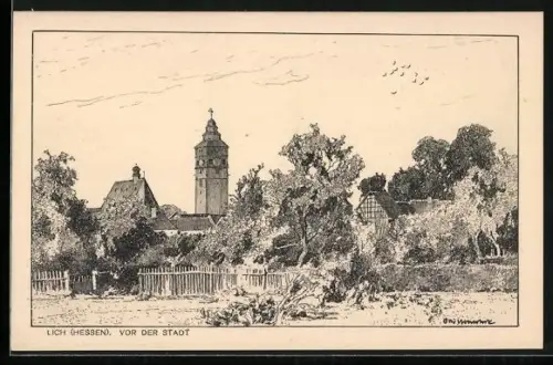 Künstler-AK Lich /Hessen, Vor der Stadt