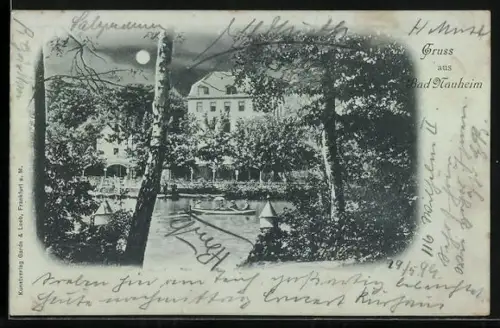 Mondschein-AK Bad Nauheim, Blick zum Kurhaus und Teich