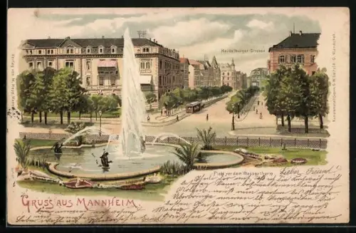 Lithographie Mannheim, Platz vor dem Wasserturm, Heidelberger Strasse