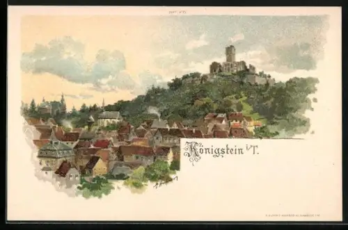 Lithographie Königstein i. T., Stadtansicht mit Burg