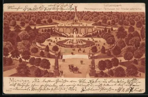 Lithographie München, Luitpoldpark, Prinzregenten-Terrasse mit Friedensdenkmal