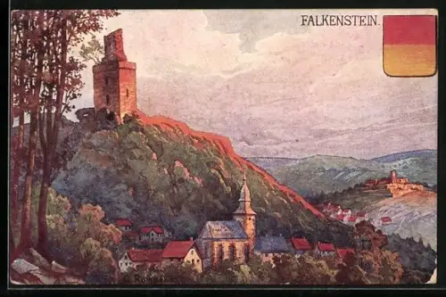 Künstler-AK Falkenstein / Taunus, Burgruine, Wappen