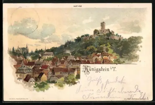 Lithographie Königstein i. T., Burg, Stadtansicht