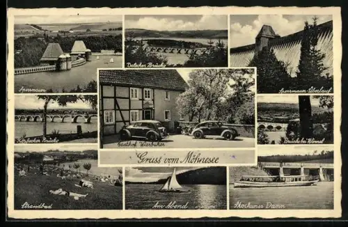 AK Möhnesee, Gasthof Wiesbüren, Pension Zum Arnsberger Wald, Sperrmauer, Stockumer Damm