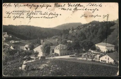 AK Zöblitz, Gasthof z. Kniebreche mit Ortspanorama