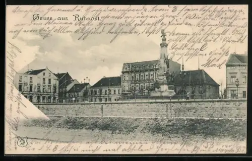 AK Ruhrort, Platz mit Denkmal und umliegenden Gebäuden