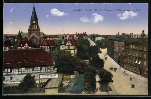 AK Zwickau i. S., Gasthaus Paul Apel, Moritz-Kirche, Glauchauer Strasse