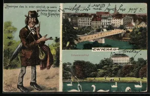 AK Zwickau, Paradiesbrücke, Schwanenschloss