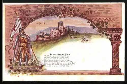 Lithographie Lahneck, Burg Lahneck, letzter Templer, Ritterdarstellung