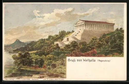 Lithographie Walhalla /Regensburg, Walhalla-Gedenkstätte, Donau, Landschaft