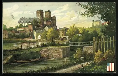 Künstler-AK Runkel, Burg, Lahnbrücke, Flussufer