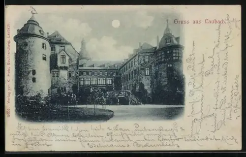 Mondschein-AK Laubach / Hessen, Gräfliches Schloss