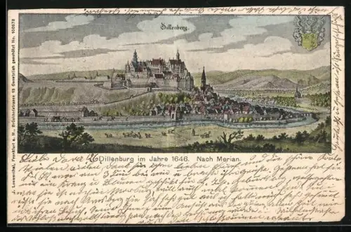 Lithographie Dillenburg, Stadtansicht und Schloss im Jahre 1646 nach Merian