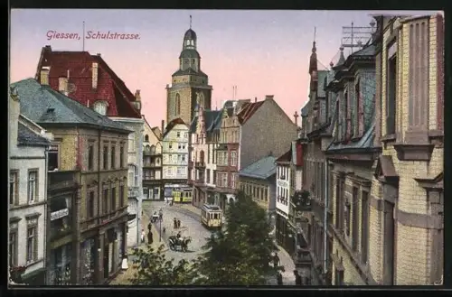 AK Giessen, Schulstrasse, Strassenbahn, Kirche